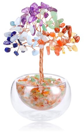 JOVIVI Bonsai Albero Artificiale in Pietre e Cristalli per Decorazione Interni 7 Chakra Albero della Vita Soprammobile in Pietra Naturale con Vaso in Vetro Trasparente Ornamento Portafortuna 7 Chakra