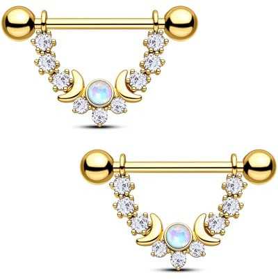 CM Crareesi Mania Mondphase Nippelpiercing Gold Silber Brustwarzenpiercing Chirurgenstahl 14G Nippel Piercings für Damen Herren, Zirkonia