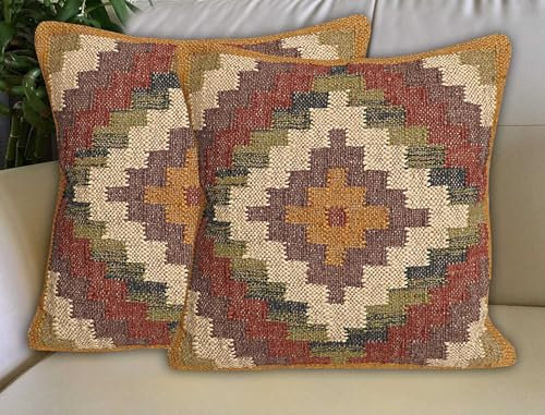 Radharani Arts Indischer handgefertigter dekorativer Überwurf-Kissenbezug, 45,7 x 45,7 cm, quadratischer Kissenbezug, Woll-Kissenbezug, Kelim-Kissenbezug, Premium-Teppich, Kissenbezug für