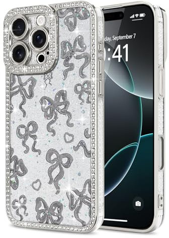 Urarssa for iPhone 16 Pro Case, Cute Ribbon Bowknot Pattern Luxury Bling Diamonds for Women Girls Camera Protection Stylish Soft Durable TPU Case Protective Cover for iPhone 16 Pro, Silver