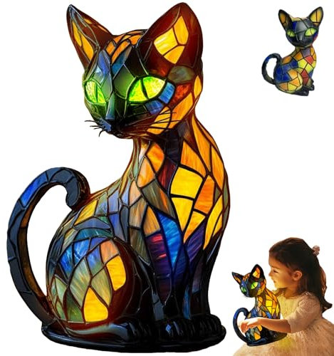 YOUYIKE Katzenlampe Tiffany Style - Handgefertigte Mosaik Nachtlicht für Kinderzimmer, USB-Betriebene Leuchtkatze mit Orangenlicht,für Kinderzimmer, Katzendeko Geschenk