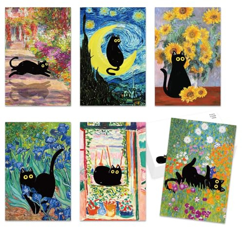 Whaline 36 Stück Kunstdruck-Postkarten, berühmte Malerei mit schwarzer Katze, Postkarten, Sortiment, 6 Designs, Grußkarten für Geburtstag, Babyparty, Partyzubehör, 10,2 x 15,2 cm