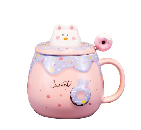 Bibykivn Donut Keramiktasse Geschenke Für Kinder Und junge Frauen Keramik Komplett Mit Becherdeckel Und Rührstab 400 Milliliter Niedliches Design Große Kaffeetasse Tee Becher Spülmaschinenfest (Rosa)