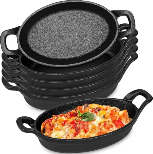 Lot de 6 mini poêles ovales en fonte 15,3 x 9,8 cm – Petites casseroles individuelles en fonte, plats à gratin, poêlons pour la cuisson, la pâtisserie, le grill ou le service à table