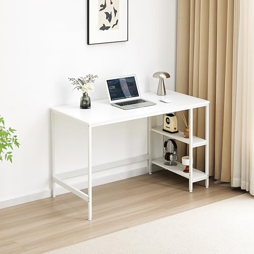 Garvishk Garvis Schreibtisch 120x60 cm (mit 2 Ablagefächern) – Gaming Tisch mit Regal – MDF Computertisch für Homeoffice (Weiß)