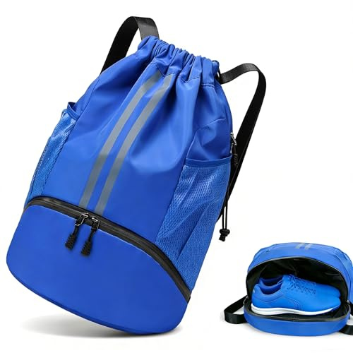 Wihozte Drawstring Sports Backpack, Sports Soccer Basketball Volleyball Bag Dry-Wet Separation Shoe Compartment for Swimming Gym, Sports Training Bags for Women Men Multi-Use for spors Travel (Blue)