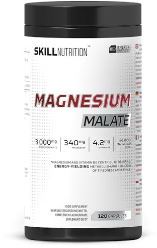 SKILL Nutrition Magnesiummalat + Vitamin B6 120 Kapseln | 340 mg Magnesium pro Portion | 3000 mg Magnesiummalat, aktives B6 P-5-P | Ohne Magnesiumoxid