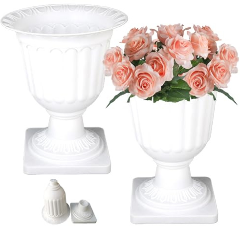 Urnen-Pflanzgefäß, 2 Stück, 13, 8 Zoll, Kunststoff, weiß, Garten-Pflanzgefäß, Urnen mit Sockelvase, Retro-Hochzeits-Blumentopf, klassisch, dekorativ, für den Außenbereich, für Hochzeit, Kirche, Ver