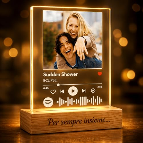 Lampada Spotify Personalizzata con Foto e Canzone - Targa Plexiglass con Base Luce LED Legno - Regalo Personalizzato Coppia Fidanzati Anniversario Compleanno San Valentino Natale