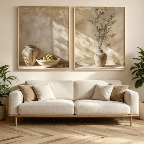 AQCQDQ 2er Mediterran OlivenbaumPoster Set, Boho Stillleben Leinwand Bilder, Neutraler Olivenbaum-Schattenvase-Leinwanddruck, Leinwand Wohnzimmer Schlafzimmer Decor, Ohne Rahmen (50x70 cm)