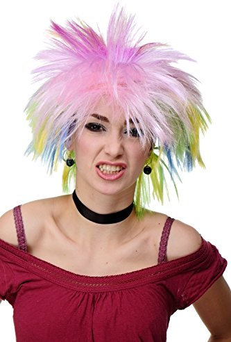WIG ME UP - RJ041-PC28-50-51-2B-15-3 Perücke Fasching Karneval Wild 80er Glam Neon Bunt Gestuft Wave Punk Disco