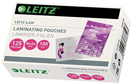 Leitz Heißlaminierfolien 125 mic 54 x 86 mm, zum Laminieren von Karten, Anhängern und Ausweisen, Hochwertige Laminierfolien im 100er Pack, Glänzend, Transparent, 33810