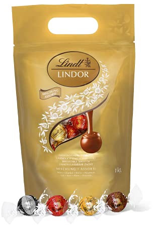 Lindt Lindor Kugeln Mischbeutel 1 kg, gefüllt mit zartschmelzenden, einzeln verpackten Lindor Kugeln in den Sorten Milch, Dunkel (60% Kakaoanteil), Weiß und Haselnuss