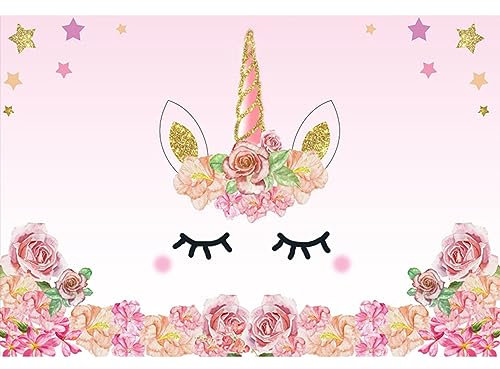 YongFoto 1,5x1m Fondo de Fotografia Unicornio Rosa Rosas Fiesta Borde Las Flores Patrón Lindo Estrella Oro Telón de Fondo Cumpleaños Fiesta Baby Shower Niños Bebé Chicas Bandera Estudio fotográfico