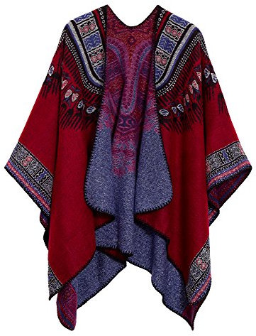 Damen Warm Offene Front Strick Schals und Wraps Floral Elegante Cardigans Poncho Cape Coat Mantel (Rot-92)
