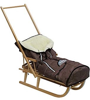 Holzschlitten für Kinder mit Rückenlehne Rodelschlitten Davoser Schlitten aus Holz mit einem Sicherheitsgurt Rückenlehne Pusher Winterfußsack