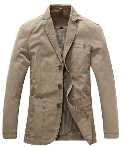 Blouson Homme Veste Jacket Slim Blazer Veston Casual, Kaki (3 Button), XL