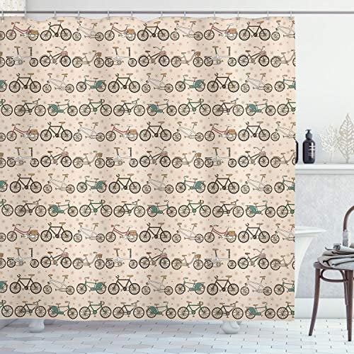ABAKUHAUS Fahrrad Duschvorhang, Retro Fun Ride-Pattern, Stoffliches Gewebe Badezimmerdekorationsset mit Haken, 175 x 180 cm, Beige Braun
