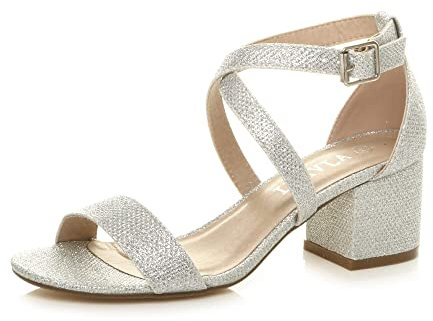Ajvani Womens Ladies mid Low Block Heel Cross Straps Party Strappy Sandals, Silver Shimmer, 7 UK