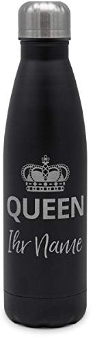 printplanet - Isolierte Trinkflasche mit Text oder Namen graviert - Edelstahl Thermo-Flasche mit Gravur, 500ml - Schwarz - Motiv: Queen