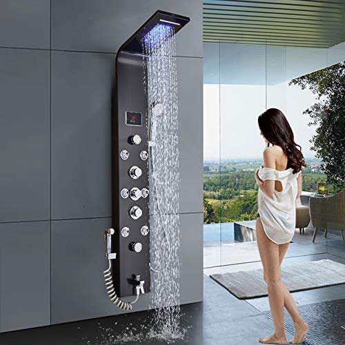 Saeuwtowy Panneau Colonne de Douche Hydromassante Noir - Acier Inoxydable, 2 Buses Massantes, 6 Micro Jets, Écran LCD Température, db970405-fed9-44e2-9e6f-a8fa012db06a