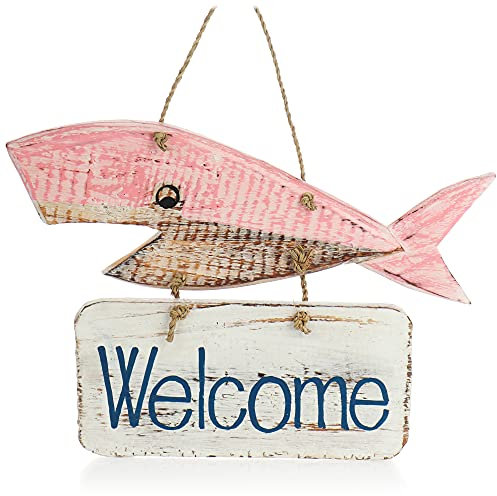 COM-FOUR® Cartel de puerta Welcome - Pez decorativo de madera para colgar - Decoración marítima colgante para el hogar - Pez de madera (01 pieza - ballena decorativa colgante - rosa)