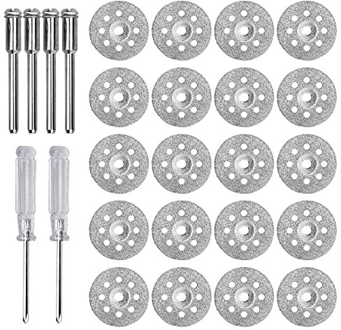 22pcs Mini Disco de Corte de Diamante 22,5MM Rueda de Corte de Diamante Mini Disco de Corte Diamante con 4pcs de Vástagos de Mandriles 2pcs de Destornillador Phillips para Corta Cristales