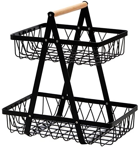 Dicunoy Metal Storage Basket with Handles, 2 Tier Wire Farmhouse Organizer Bin, Rustic Style Black Wire Basket for Home, Kitchen Cournertop, Pantry, Fruit, Egg, Coffee, Bathroom, Office, Living Room
