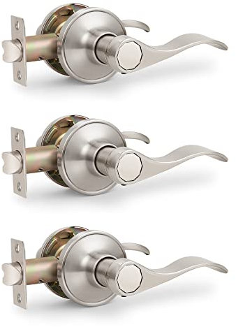 Probrico 3 Pack Passage Door Handles, Internal Door Handle Levers for Interior Doors, Brushed Nickel Color, Wave Keyless Closet Door Knobs