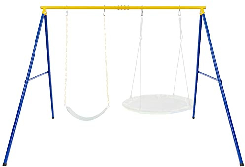 Costzon 550lbs Metal Swing Sets for Backyard, Heavy Duty Full Steel Swing Frame Extra Large A-Frame Stand w/Ground Stakes, Adjustable Ropes, Fits 2 Swings, Gift for Indoor Outdoor Kids and Adults