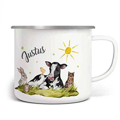 miKalino Emaille Tasse Kinder - Trinkbecher Kinder personalisiert - Emaille Becher mit Bauernhof-Motiv - Kindertasse mit Namen - Kindertasse bedruckt - Emaille Becher Weiß