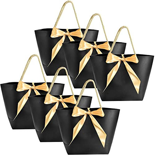 Geschenktaschen mit Krawatte, 6Pcs Geschenktüten aus Papier, Groß Geschenkbeutel Papiertüten zum Einkaufen von Kleidung, Elegant Einkaufstasche Hochzeit Weihnachten Halloween, 28*20*10cm (Schwarz-NEW)