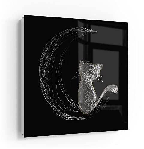 DEQORI Schlüsselkasten weiß | 30x30 cm | Motiv Die Katze und der Mond | Glas & Metall Schlüssel-Box | Schlüsselschrank mit 50 Haken + 2 Magnete | Moderne Design Box magnetisch & beschreibbar