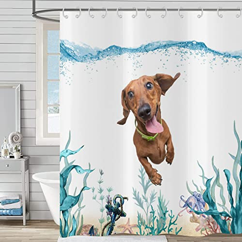 Duschvorhang Lustig 180x200, Hnmdmyi Niedliche Hund Schwimmt im Blauen Ozean Kinder Duschvorhänge Unterwasser Korallen Anker Nautisch Badewanne Vorhang Wasserdicht Polyester Stoff Waschbar Badevorhang