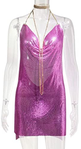 WSZJLN Sexy Clubwear Vestido Corto De Lentejuelas Sin Espalda para Mujer Cóctel Arnés De Malla Dividida Metálica Cadena De Cuerpo Club De Corte Bajo Mini Vestido-Fucsia,M