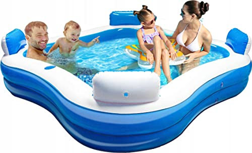 4 Seater Inflatable Family Lounge Swimming Paddling Pool with 2 cupholders 390L 2 Ring Blue White Kids Adults
