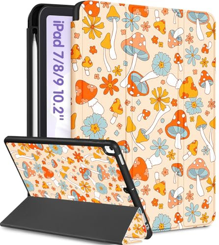 Uppuppy Schutzhülle für iPad 9. / 8. / 7. Generation, 10,2 Zoll (10,2 Zoll), niedlich, für Kinder, Damen, Folio, Smart-Cover, Stifthalter, Pilz-Design, ästhetisches Design, Kawaii, Teenager, für iPad
