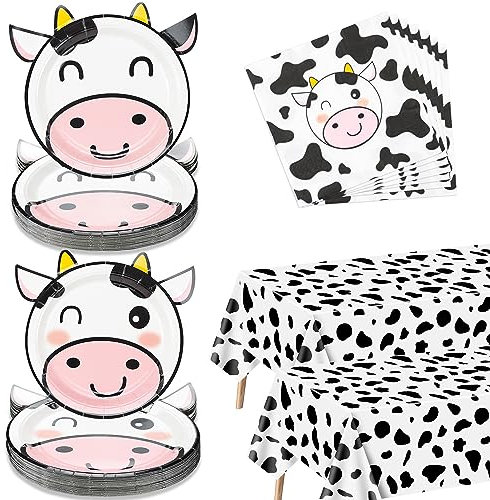 122 Pcs Kuh Druck Party Supplies, 80 Pcs Kuh Form Pappteller, 40 Kuh Muster Servietten, 2 Kuh Druck Tischdecke, für Kindergeburtstag, Baby-Dusche, Bauernhof Tier Thema Party, Serviert 40