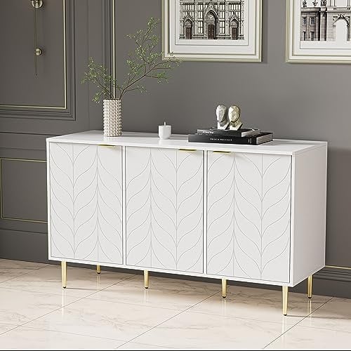 Sweiko Moderne Kommode mit 3 Türen, Türkommoden mit Goldener Handgriff, Sideboard mit Golden Metallbeinen Schubladenkommode Holz Mehrzweckschrank für Flur Schlafzimmer Wohnzimmer Badezimmer