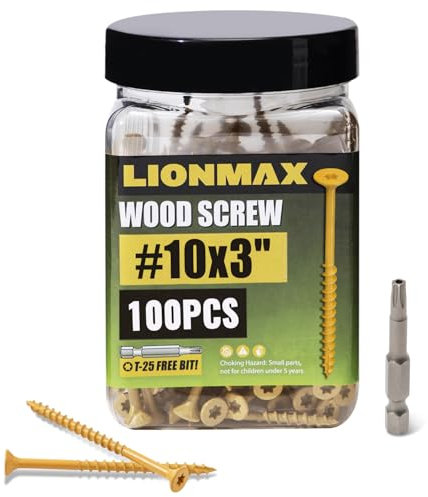 LIONMAX Deck Screws 3 Inch, Wood Screws #10 x 3, 100 PCS, Rust Resistant, Exterior Epoxy Coated, Outdoor Decking Screws, Torx/Star Drive Head Deck Screw, T25 Star Bit Included, Tan