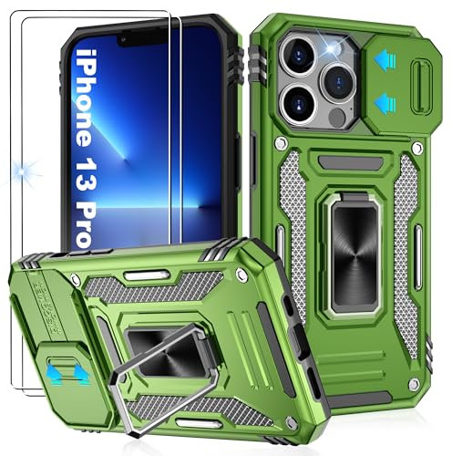 Jshru for iPhone 13 Pro Case with Screen Protector [2 Pack] and Slide Camera Cover,Military Grade Shockproof,Ring Kickstand Phone Cover for iPhone 13 Pro,Olive Green