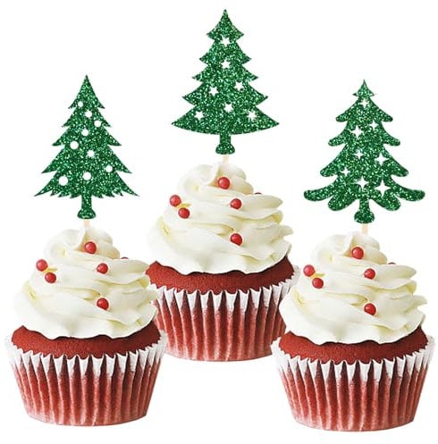 24pcs Glitter Christmas Tree Cupcake Toppers, Merry Christmas Cake Decorations Picks, Xmas Cake Picks for Christmas Party, New Year Ceremony Party Cake Decorations Supplies (Tree)