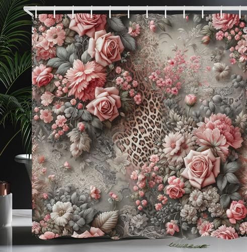 ABAKUHAUS Leopardenmuster Duschvorhang, Blühender romantischer mittelalterlicher Garten Rosen verwitterte erdige Details, Stoffliches Gewebe mit Haken, 175 x 200 cm, Blasses Rosa Lorbeergün