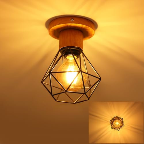 Goeco Deckenleuchte Flur, E27 Lampenfassung 1 Fimmig Industrial Deckenlampe Vintage Lampenschirm mit Holzsockel für Korridor, Balkon und Speisesaal, Ø 15cm, Schwarz