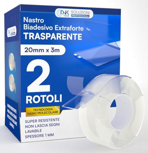 DNK TRADE Doppelseitiges Klebeband, extra stark, Rolle mit 3 Metern, transparentes & waschbares Klebeband, 2 Rollen doppelseitiges Klebeband mit Nano-Mikro-Molekulartechnologie, insgesamt 6 Meter