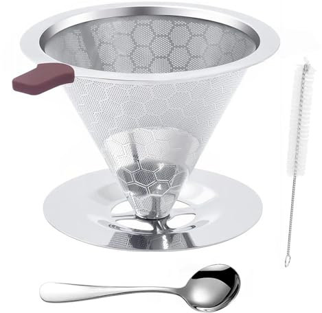 Edelstahl Kaffeefilter Set, Papierlos, Wiederverwendbar, Permanent Kaffeesiebe, Professionell für Perfekten Kaffee, Inklusive Löffel, Reinigungsbürste, Ideal für Pour Over Manuelle Zubereitung