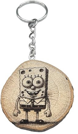 Promotech S-Bob Squarepants Figurine de dessin animé Fait à la main Gravé au laser Pièce unique Porte-clés en bois, Bois naturel, W5L5
