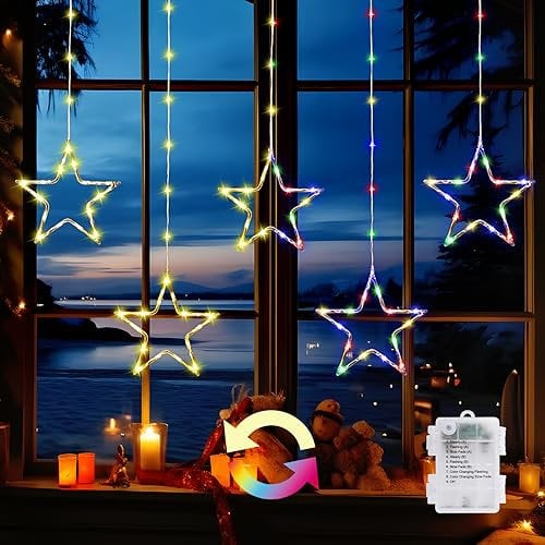 GlobaLink Christmas Window Lights 5 Stars 96 LEDs Star Christmas Lights Battery Powered Colour Changing with 8 Modes Timer Hanging Star Fairy Lights for Indoor Outdoor Home Window Xmas Wedding Party