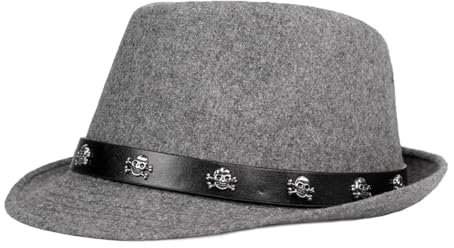 FULUJIDI Fedora Trilby Filzhut Hut Klassischer Zylinder Männer Kurzer Fedora-Hut Mit Schädel Gürtel Panama Vintage Gentleman-Mütze 56 To58 cm Grau
