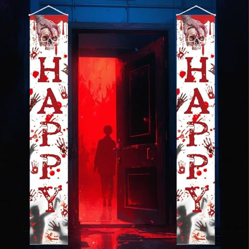 2 Stück Halloween Tür Banner, Halloween-Türdekoration, Banner Halloween Dekoration, Gruselig Handabdrücken Haustür Flagge Hintergrund Hängendes Veranda Zeichen,für Outdoor Indoor Wand Baum (A)